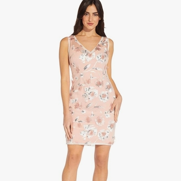 Adrianna Papell 14 Women's Floral Embroidery Sheath‎ Pink Mini Dress - Picture 1 of 6